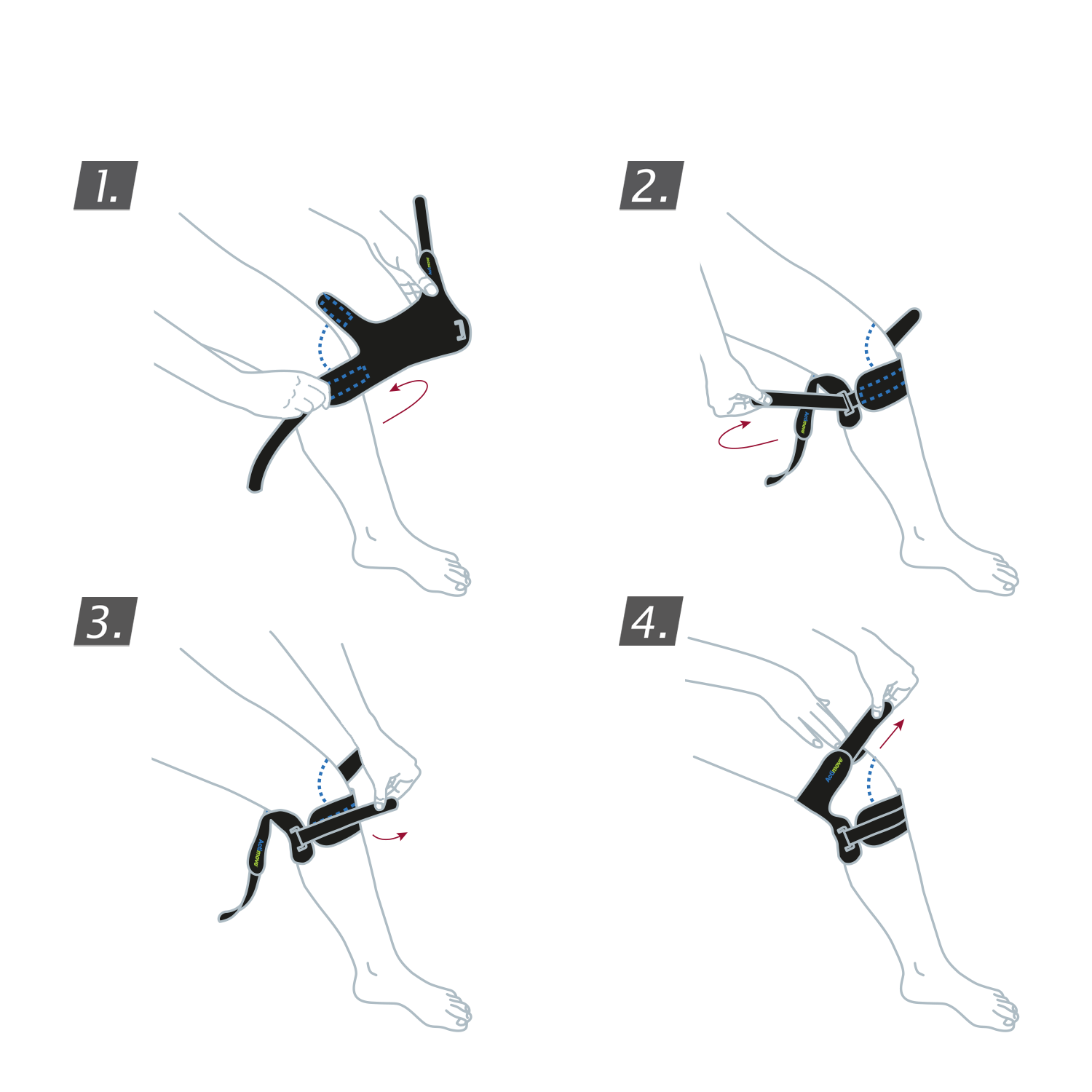 How to put on the Actimove Sports Edition Dual Knee Strap: Wrap brace around your leg and secure the straps
 How to put on the Actimove Sports Edition Dual Knee Strap: Wrap brace around your leg and secure the straps